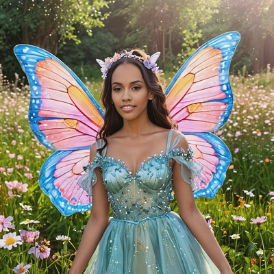 As a fairy queen, in a shimmering pastel gown with butterfly wings, standing under amidst glowing flowers in a magical meadow