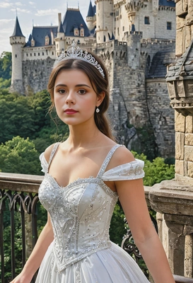 As a fairy tale princess, wearing a sparkling white gown with a tiara, standing on a balcony overlooking an enchanted kingdom with a castle in the distance