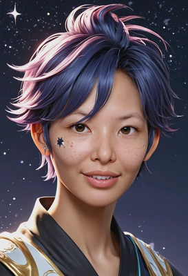 as a character from Genshin, smiling, anime hair, shiny stars, high-quality stylized art, eyes on you, visible brushstrokes 