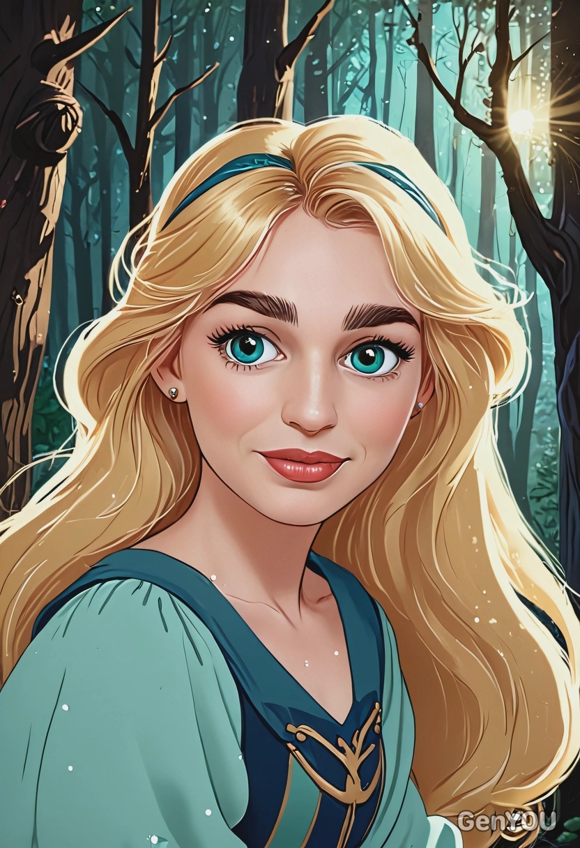 Hand-drawn flat cartoon style, Princess Eilonwy from The Black Cauldron, oversized cartoon big sparkling eyes, soft mystical lighting, waist-up portrait, enchanted forest background
