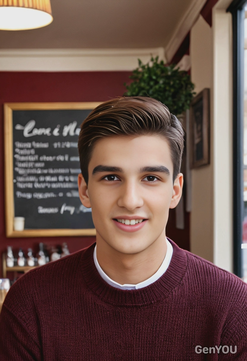 headshot of a man with a slick side part, wearing a burgundy sweater, in a quaint coffee shop
