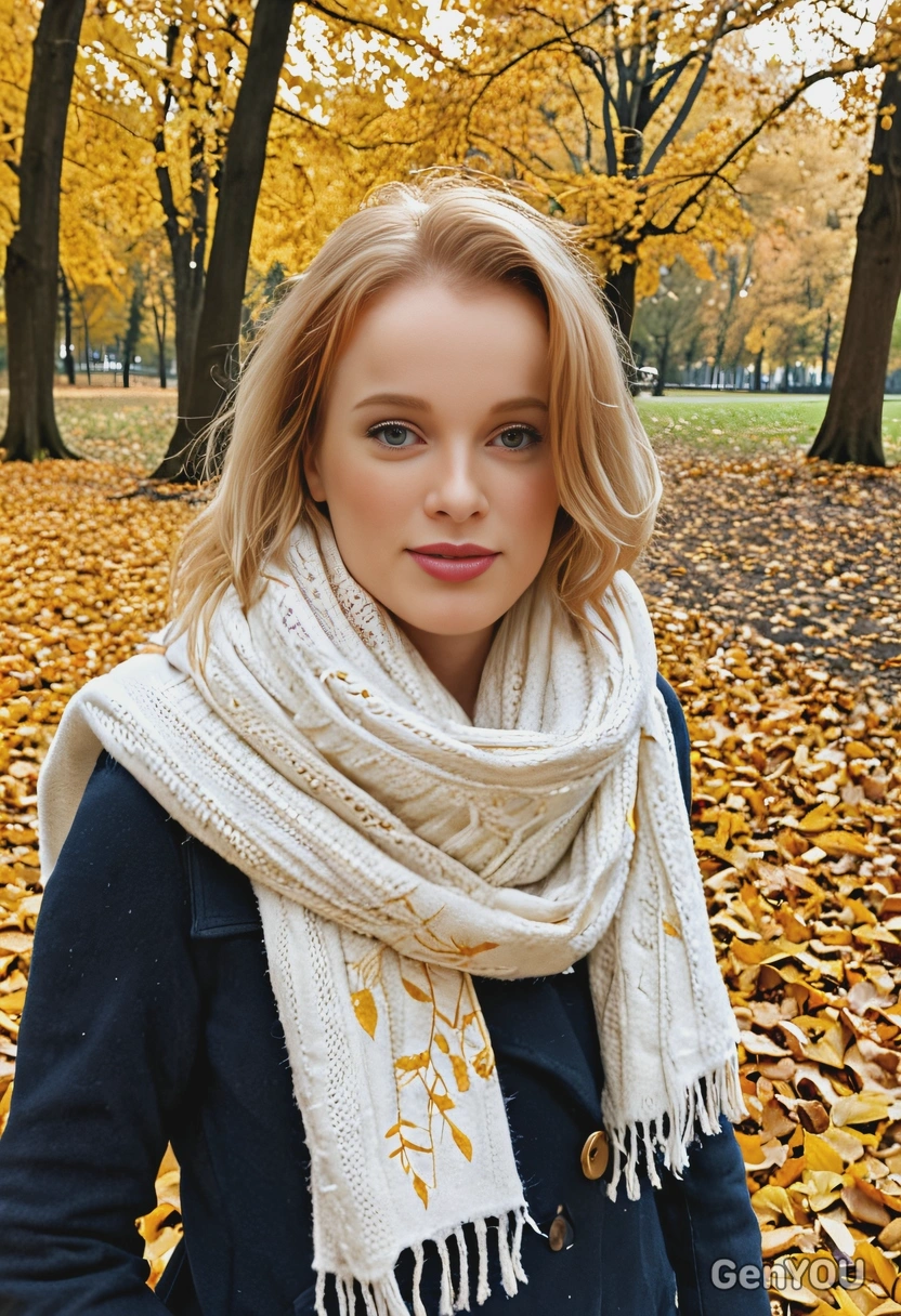 wrapped in a cozy scarf, walking through a park covered in golden autumn leaves