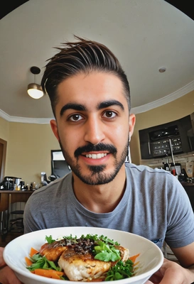a food blogger eating on camera, undercut hair, fisheye style