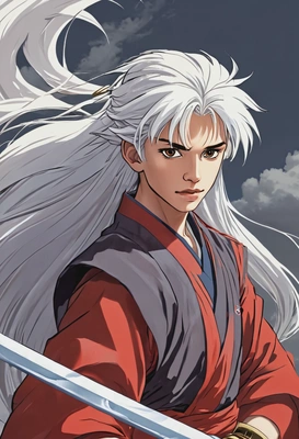 Inuyasha holding his Tessaiga sword, wind blowing his hair. Anime style, big eyes, manga drawing