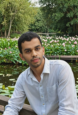 in a light button-up shirt, leaning on a wooden railing near a pond, with blooming water lilies and trees reflected in the still water