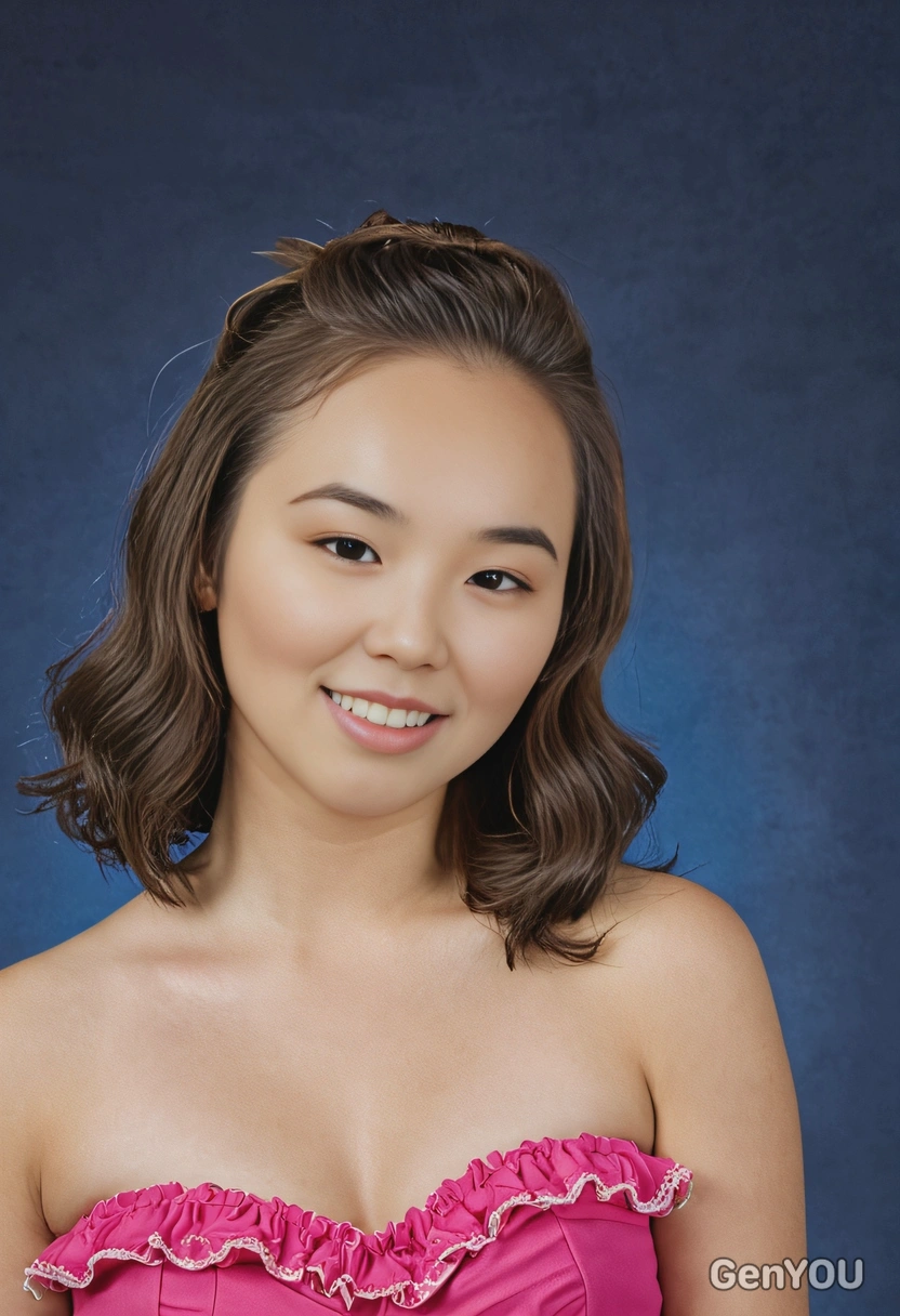 student in a frilly hot pink tube top, giving a confident smile, in a mid-length portrait against a classic blue yearbook background 