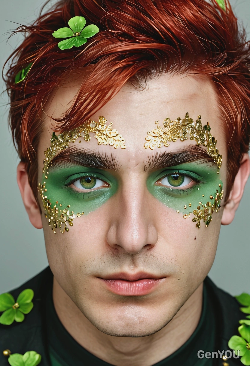sharp focus on the face, close-up, flight red hair, makeup with green eyeshadow, gold rhinestones and glitter on the cheeks, four-leaf clovers in hair, symmetrical details, professional photoshoot