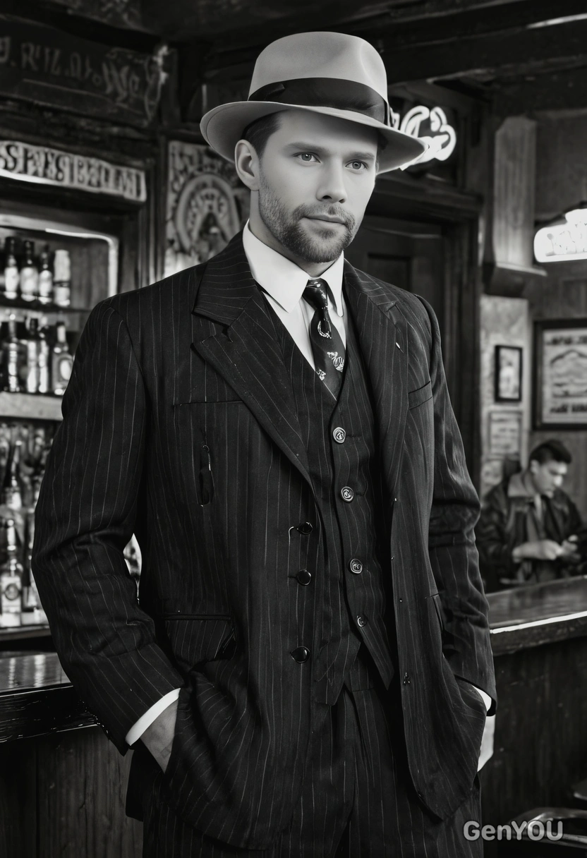in a 1930s gangster outfit, standing in an old bar, with a dramatic black and white effect