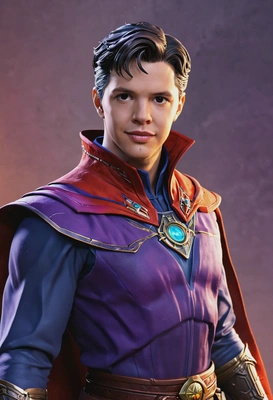 3D cel-shading comic book style, Doctor Strange from Marvel Rivals, detailed textures with vibrant colors, high-definition purple and red costume, glowing Time Stone on neck, confident expression, dynamic pose, waist-up frame, bright background with soft lighting