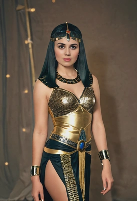 dressed as Cleopatra at a costume party, full body image, lights in the background, blurry background
