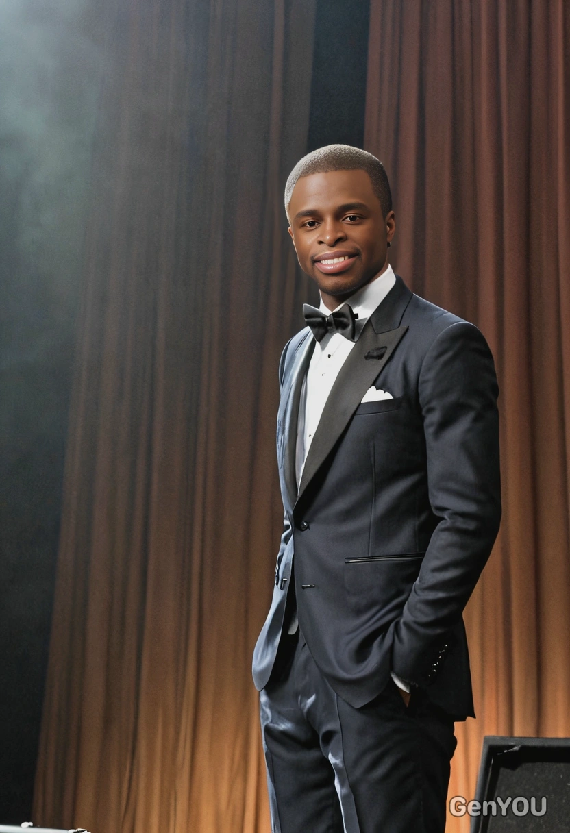 as a musician in a tailored suit, standing on a grand stage, ready to perform with a poised, focused demeanor