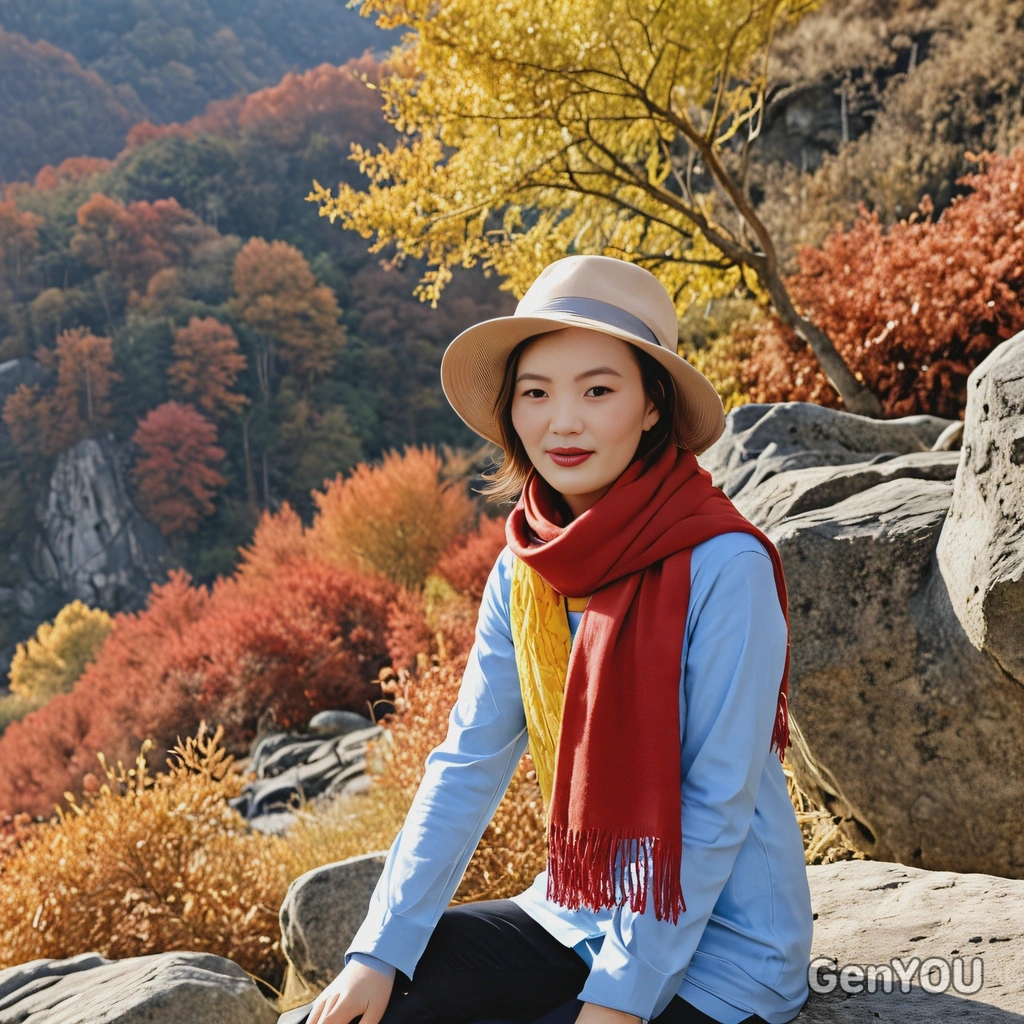 sitting on a rock, wearing a floppy hat and scarf, an autumn landscape