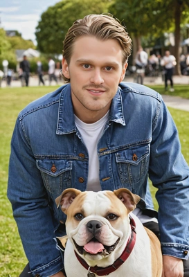 with a bulldog, smiling, jeans jacket, park, looking into the camera, blurred background