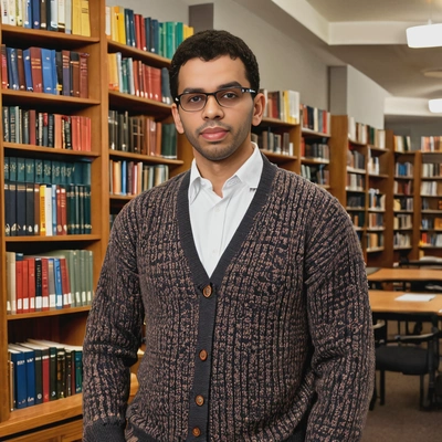 as a librarian, wearing a smart cardigan and glasses, standing in a cozy library 