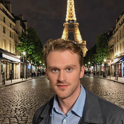 standing on a cobblestone street in Paris, with the Eiffel Tower lit up behind, close up photo