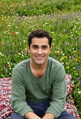 a man sitting on a blanket in the middle of a meadow, surrounded by wildflowers, with a peaceful smile