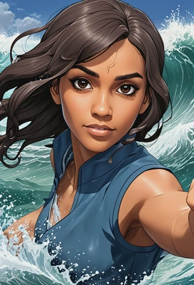 Korra bending water into a powerful wave, anime style, big eyes, manga drawing