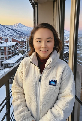 in a fleece jacket at sunrise, smiling, standing on a snowy balcony
