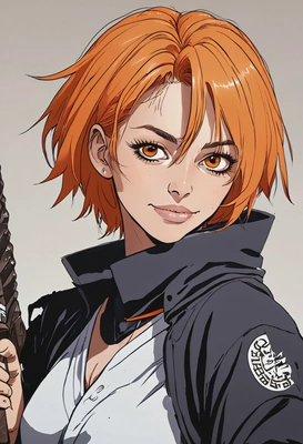 2D anime style, dark fantasy cel-shading, bold ink outlines, In Jujutsu Kaisen anime as Nobara Kugisaki, confident smirk, oversized anime eyes, short orange hair, gripping a hammer, cursed energy crackling, waist-up frame