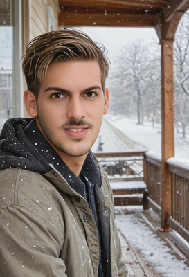 on a porch with morning snowfall, looking at viewer, soft focus background 