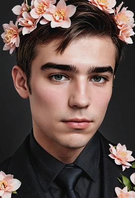 with petals-inspired makeup, professional shot, black skin, suit