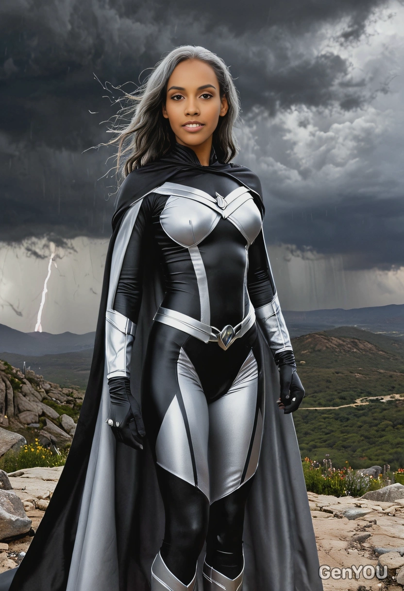 as Storm from X-Men, wearing her black and silver suit with a flowing cape, standing on a mountaintop with dark storm clouds gathering and lightning striking, full body