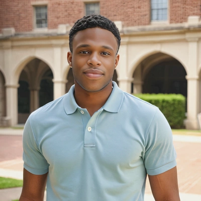 in a blank polo shirt, against the backdrop of a college campus, soft focus, blurred background, looking at viewer, midday outdoor lighting, sharp skin texture