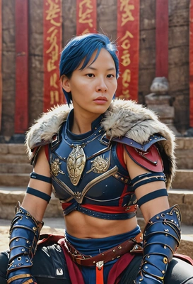 As a gladiator, fur over shoulder, sitting, amphitheater behind, eyes on you, vivid colors, symmetrical clothing details, video game style, high-quality stylized art