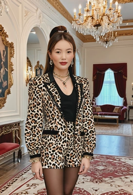 inspired by  ITZY's Wannabe, wearing a bold, high-fashion outfit with animal print accents, standing in a luxurious mansion with chandeliers, mid shot photo