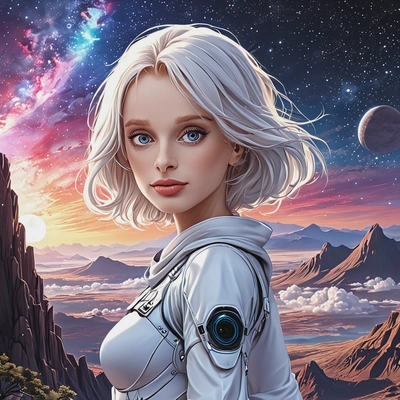 standing watch over a radiant cosmic landscape, anime, big eyes, drawing