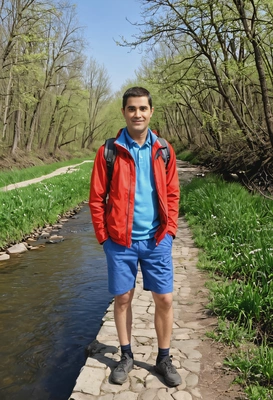 As a tourist standing along a river path in the spring, look at the camera, full body view 