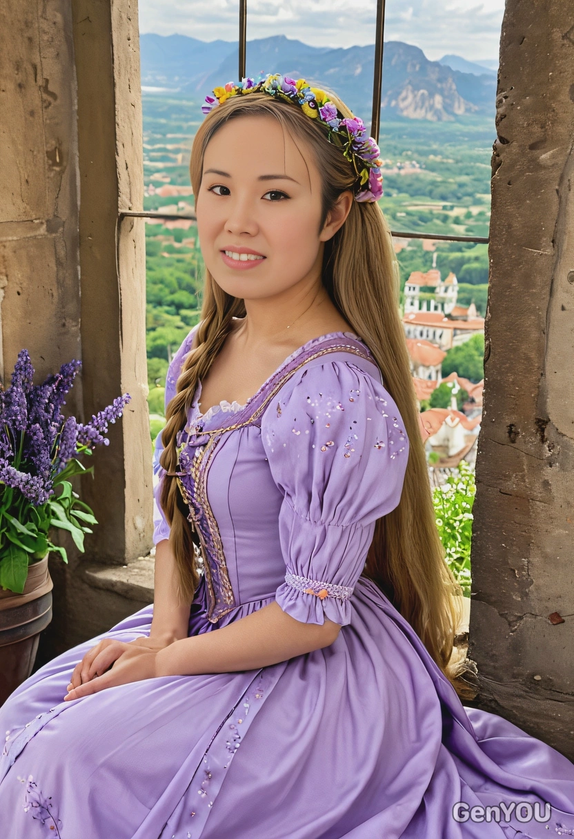 as Rapunzel from Tangled, in her lavender dress with her long, golden hair braided and adorned with flowers, sitting in a tower window with a view of the kingdom