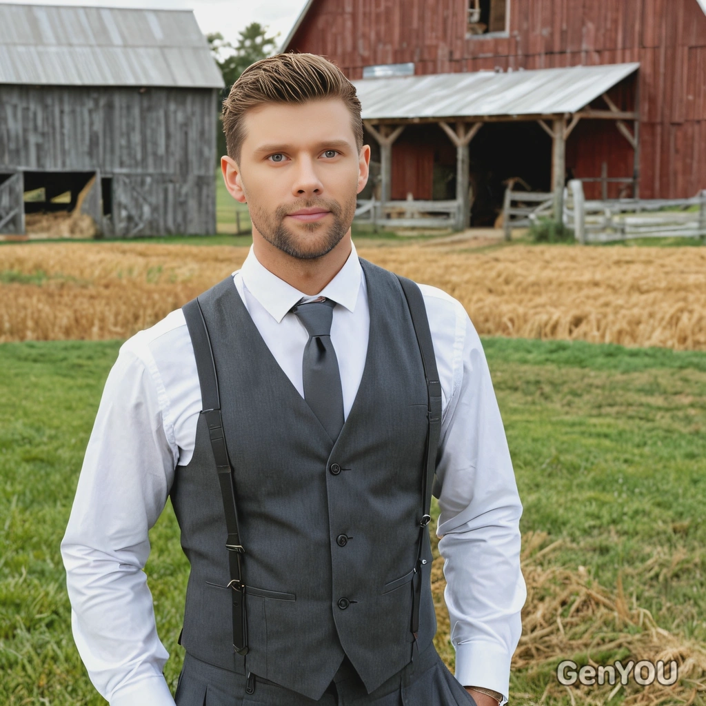 as a groom in a charcoal gray suit with suspenders, standing in a field with a barn in the background