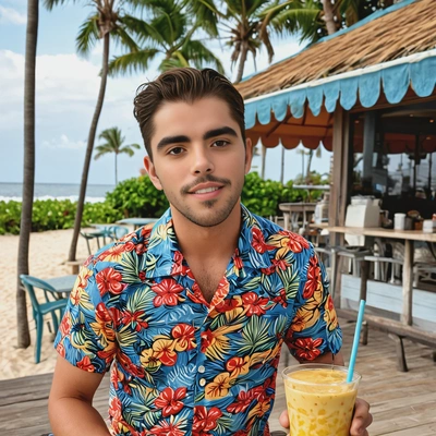 in a Hawaiian shirt and shorts enjoying a tropical smoothie at a beachfront cafe