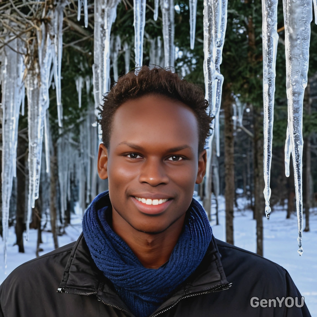 smiling, beneath glowing icicles at dusk