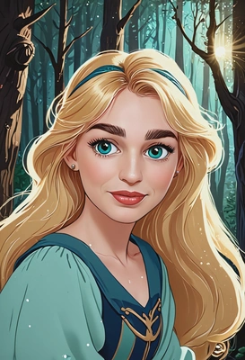 Hand-drawn flat cartoon style, Princess Eilonwy from The Black Cauldron, oversized cartoon big sparkling eyes, soft mystical lighting, waist-up portrait, enchanted forest background