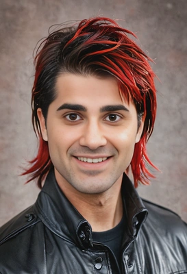 modern mullet with textured layers and fiery red streaks, soft focus, blurred background