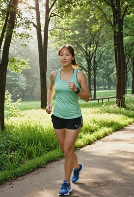 Unique headshots in a sporty tank top jogging through an urban park