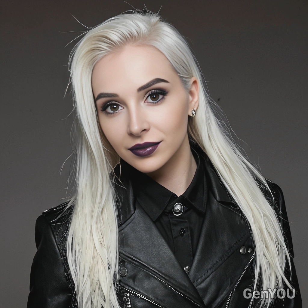 as marilyn manson pale skin wide black eyeshadow white eyebrows black eyeliner black lipstick sharp features piercing eyes different color gothic style black clothes dramatic lighting edgy and dark lookstands tall in a black leather overcoat