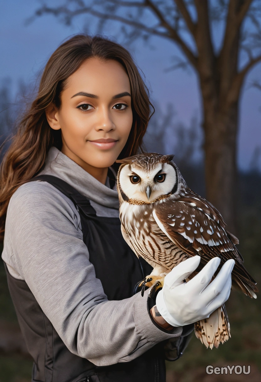  holding an owl on a gloved hand at dusk, soft focus, blurred background  