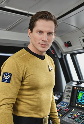 as Captain Kirk on the bridge of the USS Enterprise, in gold Starfleet shirt, mid-shot