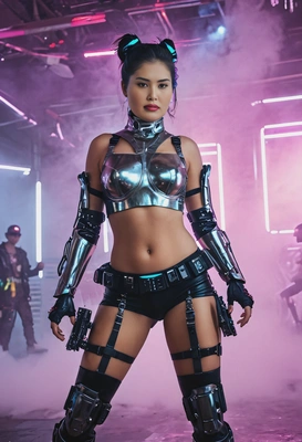 in a futuristic, metallic outfit, dancing at a cyberpunk-themed rave, with vibrant LED lights and neon-colored fog filling the room