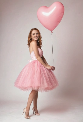 A Valentine's Day fashion photoshoot featuring a huge pink heart-shaped balloon. Dynamic pose, trying to hold a balloon. The woman is wearing a pastel tulle dress and high heels, full-body shot against a white background, high-quality professional photography, perfect studio lighting, happy love-filled mood