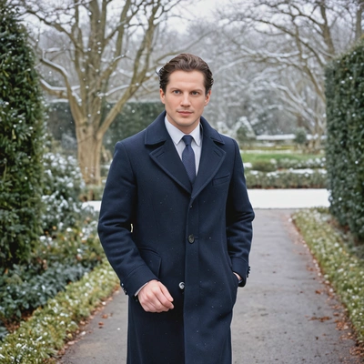 in a tailored overcoat, walking through a snowy estate. Blurred background, soft focus, looking at viewer