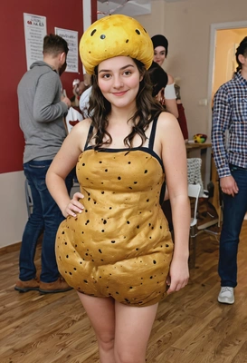 having fun in a  reslistic potato costume at a costume party, hands in pockets, full body image,  people in the background