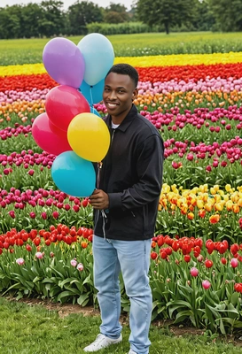 holding a bunch of colorful balloons, standing in front of a blooming flower field