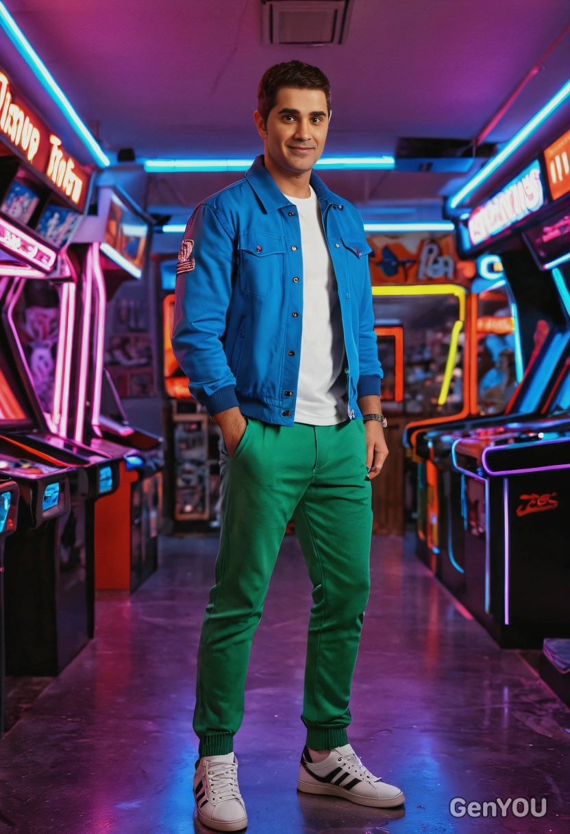 standing in a neon-lit arcade room, wearing a casual, trendy outfit