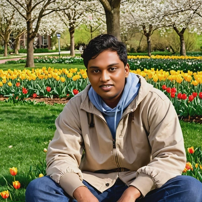 in a casual spring outfit, sitting on the grass, surrounded by blooming daffodils and tulips in a peaceful park
