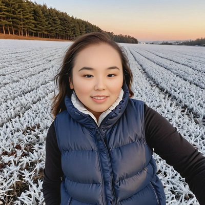 selfie, smiling, in a puffer vest, on a frosty field at sunrise