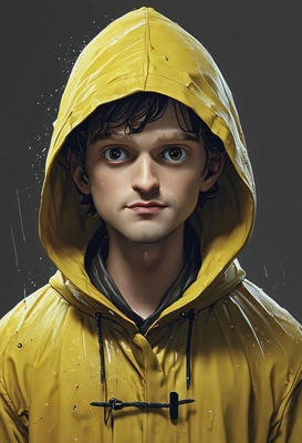 as a little nightmares character, yellow raincoat, high-quality stylized art, eyes on you, visible brushstrokes 